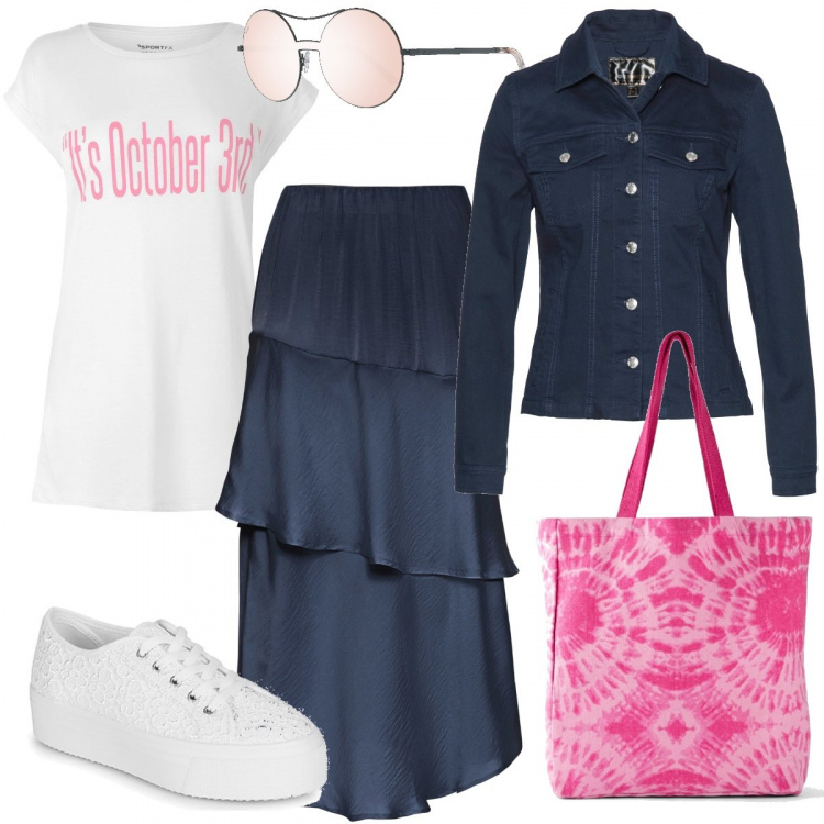Outfit donna - Gonna lunga a balze. Stile Basic per Tutti i giorni. Abbinamento con gonne longuette, blazer, shopping bag, sneakers, t-shirt, occhiali da sole.