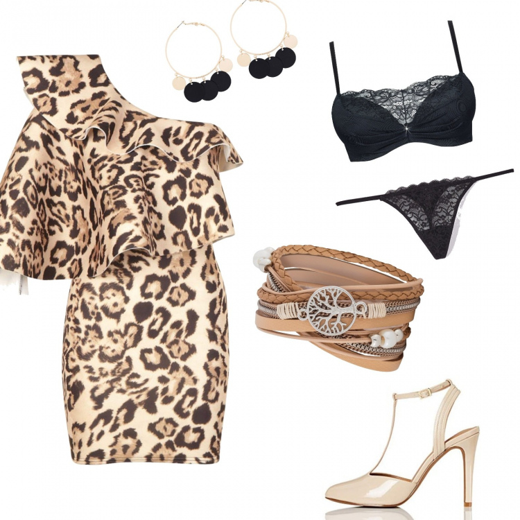Outfit donna - Total look #592019. per Serata fuori. Abbinamento con reggiseni push-up, braccialetti, orecchini, perizomi, vestito corto, scarpe col tacco.