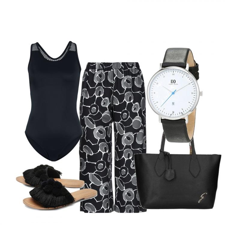 Outfit donna - Basic #23169. Stile Basic per Mare. Abbinamento con costumi interi, pantaloni capri, ciabatte, shopping bag, orologi analogici.