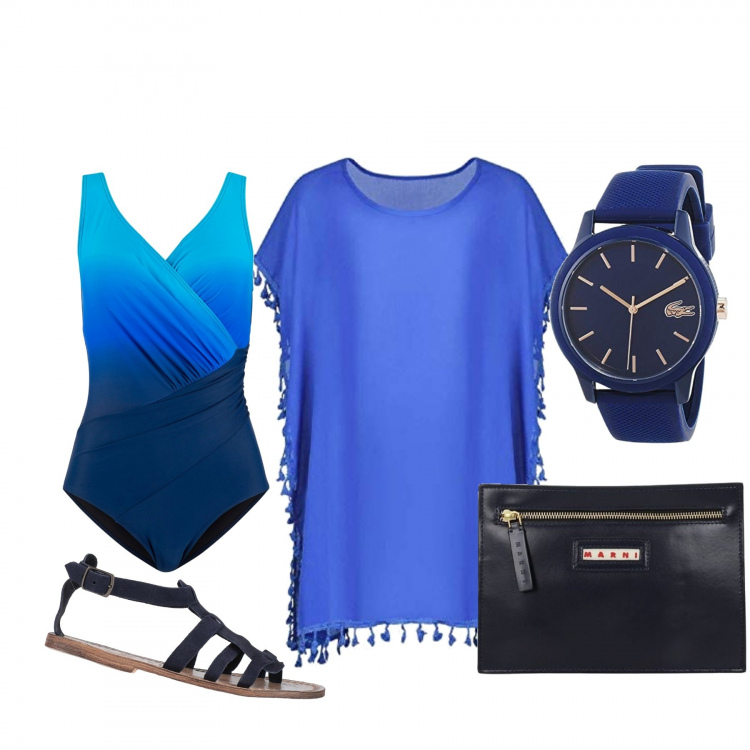 Outfit donna - Basic #23176. Stile Basic per Mare. Abbinamento con costumi interi, infradito, pochette, bikini, orologi analogici.