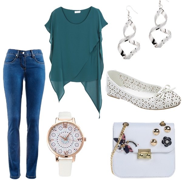 Outfit donna - Primavera. Stile Trendy per Scuola/Università. Abbinamento con jeans dritti, ballerine, orecchini glitter argento, maglia chiffon verde, orologio con cinturino bianco.