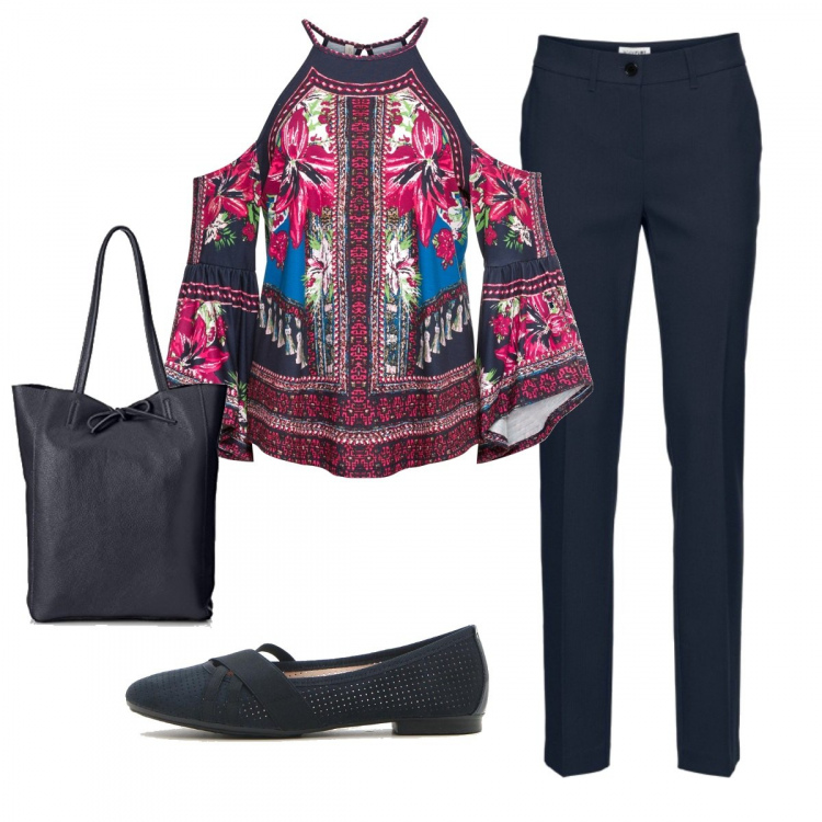 Outfit donna - Blusa orientale. Stile Trendy per Tutti i giorni. Abbinamento con pantaloni, pullovers, ballerine, borse a spalla.