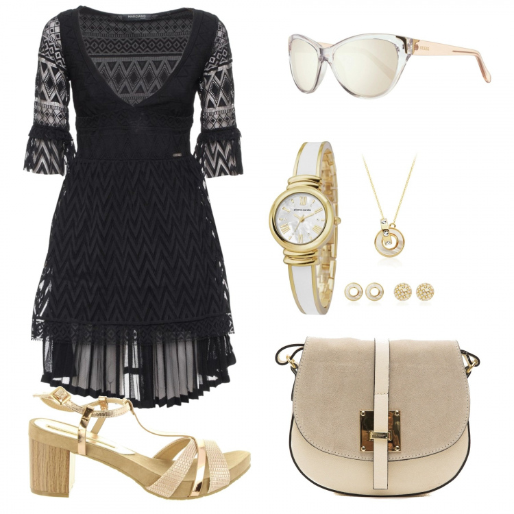 Outfit donna - Trendy #37064. Stile Trendy per Tutti i giorni. Abbinamento con vestiti, borsa, sandali con tacco, occhiali da sole, orologio.