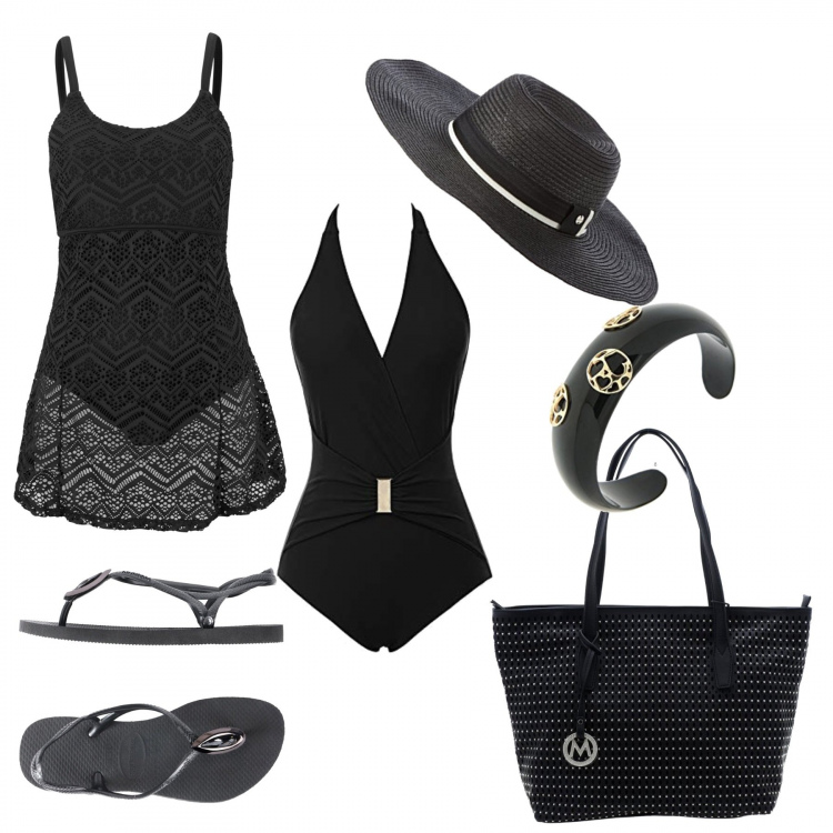 Outfit donna - Finalmente. Stile Basic per Mare. Abbinamento con vestiti da spiaggia, infradito, shopping bag, costumi, braccialetti, cappelli.