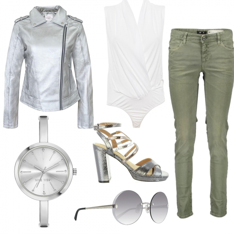 Outfit donna - Round silver. Stile Trendy per Tutti i giorni. Abbinamento con blazer, body, pantaloni, orologi, occhiali da sole, sandali.