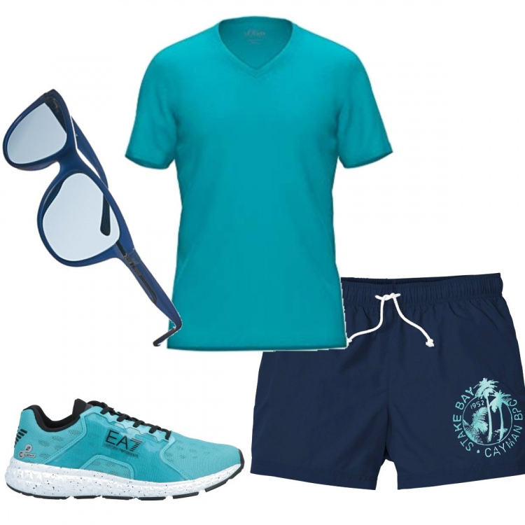 Outfit uomo - Calzoncini con palme. Stile Casual per Tutti i giorni. Abbinamento con pantaloni corti, sneakers, occhiali da sole, t-shirt.