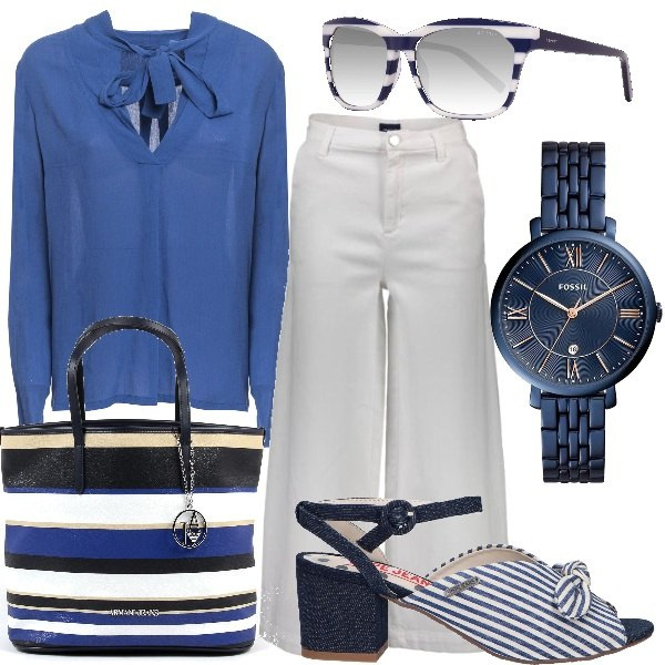 Outfit donna - Color mare a righe - taglia 50 Curvy. Stile Chic per Ufficio. Abbinamento con sandali, pantaloni, camicie, borse, orologi, occhiali da sole.