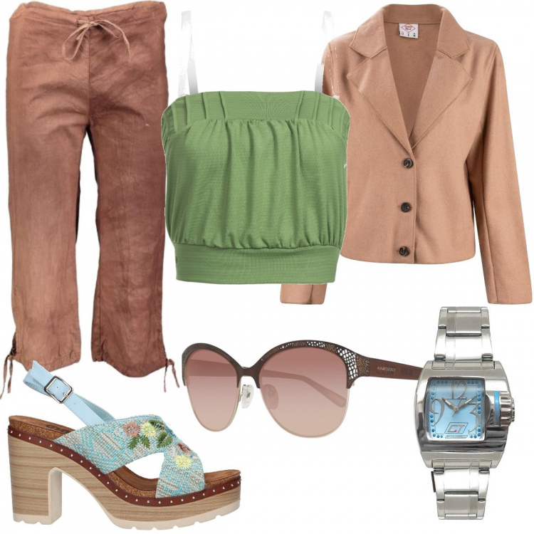 Outfit donna - Occhiali da sole e orologio. Stile Basic per Tutti i giorni. Abbinamento con pantaloni capri, sandali, orologi, top sportivo, cappotti, occhiali da sole.