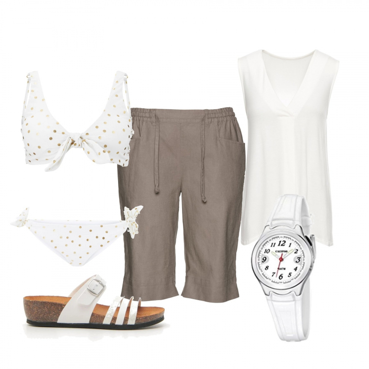 Outfit donna - Basic #23310. Stile Basic per Mare. Abbinamento con top, bikini, bermuda, ciabatte, orologi.