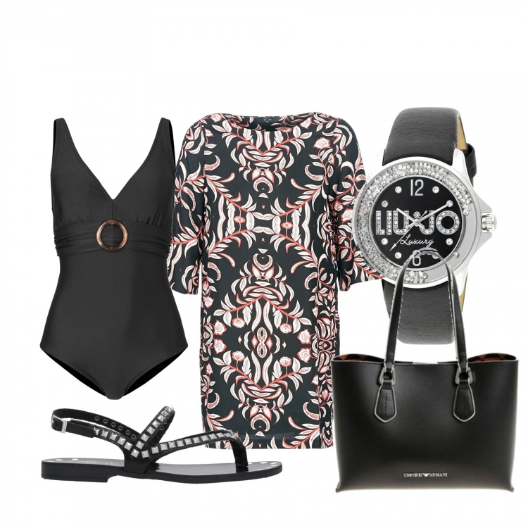 Outfit donna - Basic #23326. Stile Basic per Mare. Abbinamento con costumi interi, infradito, vestiti corti, shopping bag, orologi.