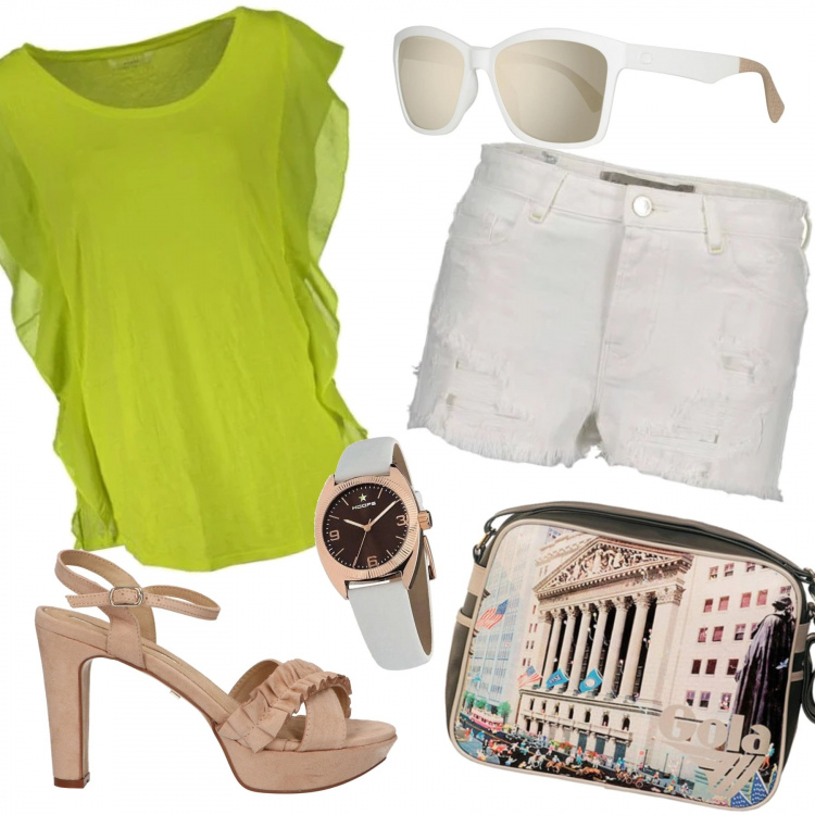 Outfit donna - Aperitivo. Stile Basic per Serata fuori. Abbinamento con t-shirt, borse sportive, sandali, occhiali da sole, pantaloni, orologi.