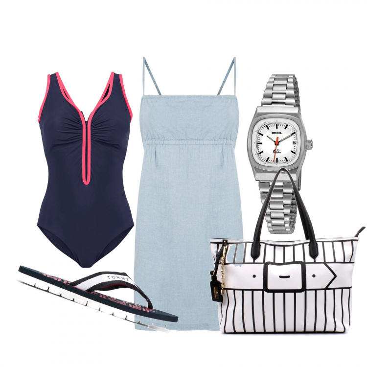 Outfit donna - Basic #23348. Stile Basic per Mare. Abbinamento con costumi interi, shopping bag, vestiti corti, infradito, orologio.