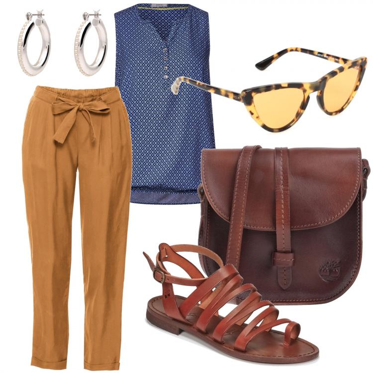 Outfit donna - Bleublou. Stile Etnico per Tutti i giorni. Abbinamento con borse a tracolla, orecchini, shopping bag, sandali, camicia, occhiali da sole.