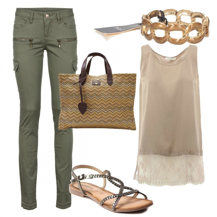 Outfit donna - Sportivamente elegante. Stile Chic per Ufficio. Abbinamento con pantaloni cargo, borse a mano, camicie, sandali, braccialetti.