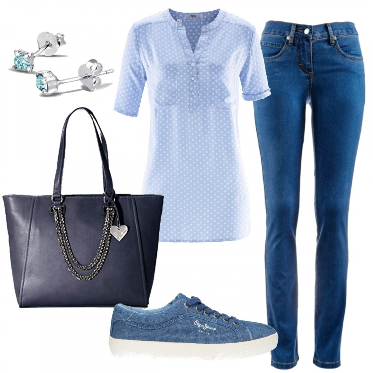 Outfit donna - Basic #23404. Stile Basic per Tutti i giorni. Abbinamento con jeans dritti, tunica, sneakers, borse a spalla, orecchini.