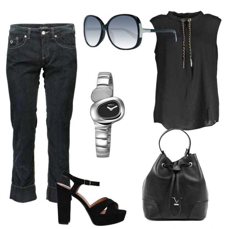 Outfit donna - Occhiali e orologio Trendy. Stile Trendy per Tutti i giorni. Abbinamento con camicie, occhiali da sole, borse a mano, sandali, orologi, pantaloni capri.