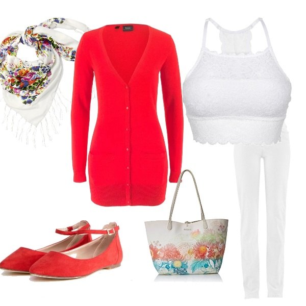 Outfit donna - Fiori di primavera. Stile Basic per Tutti i giorni. Abbinamento con reggiseni, jeans dritti, sciarpina con frange, borsa a spalla capri bianco, scarpe a punta suola piatta.