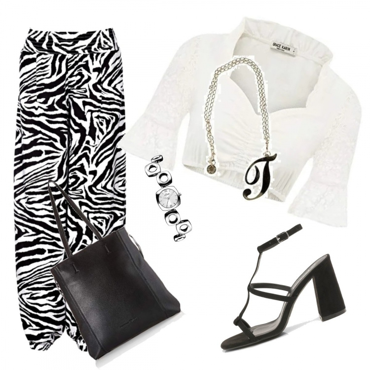 Outfit donna - Serata zebrata. Stile Trendy per Serata fuori. Abbinamento con pantaloni a palazzo, scarpe col tacco, collane, camicie a manica corta, borse tote, orologi.
