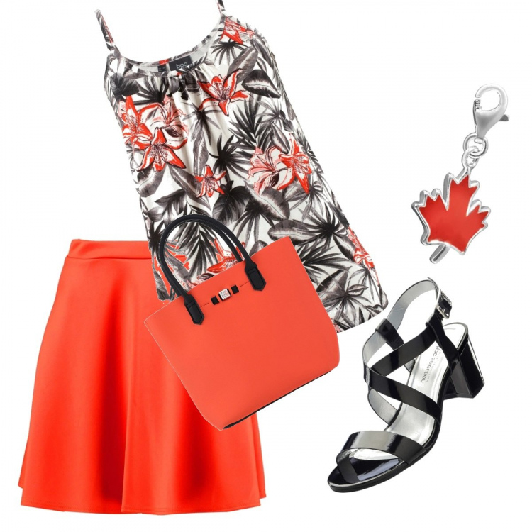 Outfit donna - Passeggiata in arancio. Stile Basic per Tutti i giorni. Abbinamento con top, sandali col tacco, borse a mano, gonne, ciondoli.