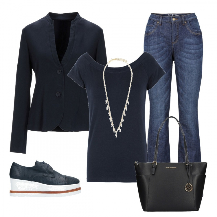 Outfit donna - Total look blu. Stile Bon Ton per Ufficio. Abbinamento con jeans bootcut, t-shirt, blazer, scarpe stringate, collane, shopping bag.
