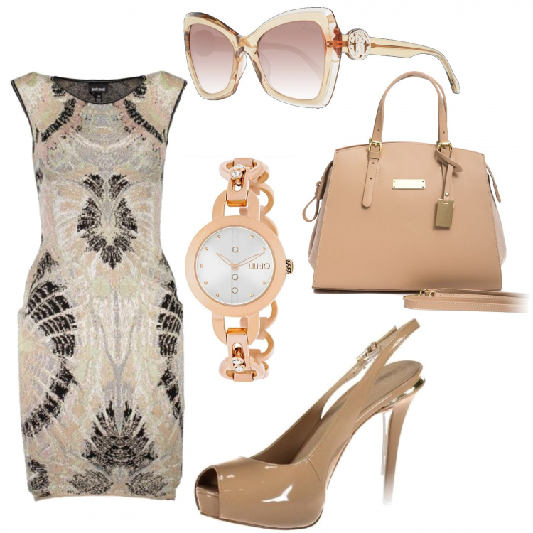 Outfit donna - Occhiali da sole + orologio. Stile Chic per Ufficio. Abbinamento con vestiti lunghi, occhiali da sole, borsa a mano, scarpe col tacco, orologi.