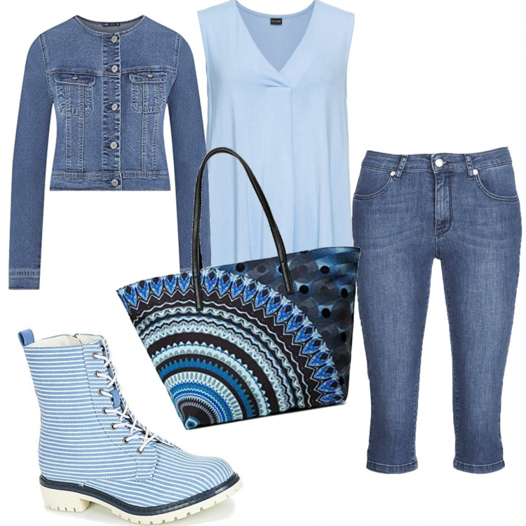 Outfit donna - Scala di blu. Stile Urban per Tutti i giorni. Abbinamento con top, pantaloni, stivaletti, giacche, borse a spalla.