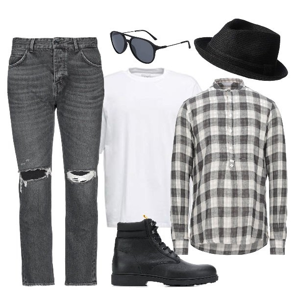 Outfit hombre - Hipster. Estilo Trendy para Todos los días. Combinación con sombrero, camiseta, gafas de sol, vaqueros rotos, camisa, botas y botines.