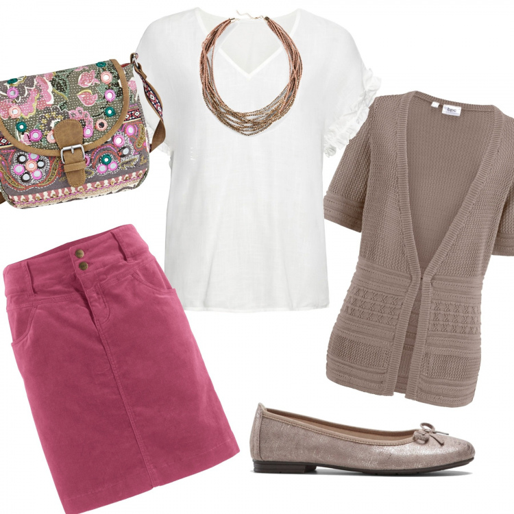 Outfit donna - Basic #23535. Stile Basic per Tutti i giorni. Abbinamento con cardigans, gonne lunghe, blusa, collane, ballerine, bermuda.