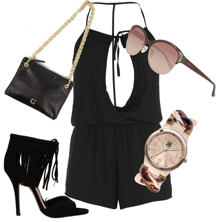 Outfit donna - Aperitivo Bon Ton. Stile Bon Ton per Serata fuori. Abbinamento con tuta corta, occhiali da sole, sandali, orologi, borse.