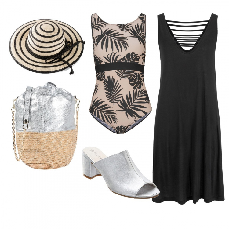 Outfit donna - In riva al mare. Stile Basic per Mare. Abbinamento con vestiti da spiaggia, costumi interi, ciabatte, cappelli, borse a spalla.