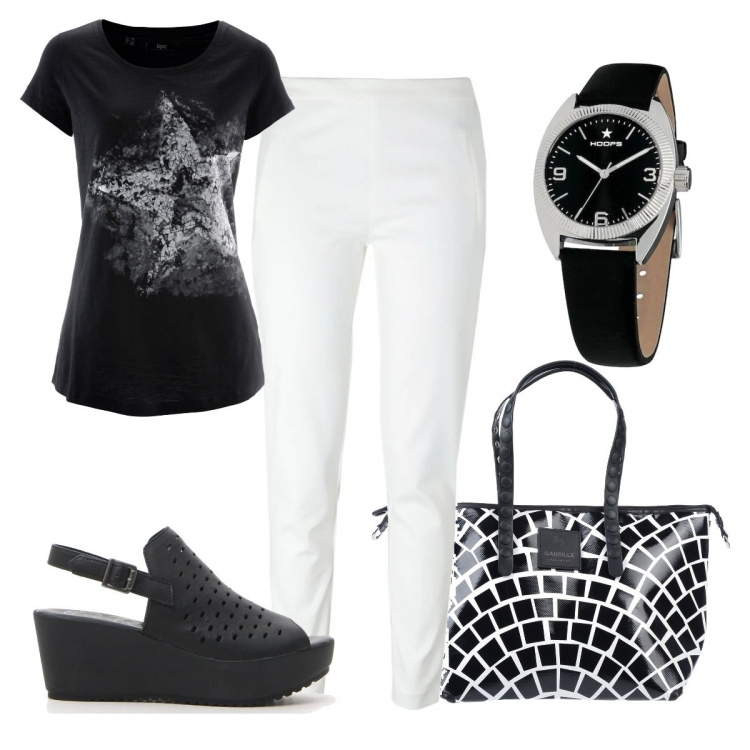 Outfit donna - Monday style B&W. Stile Basic per Ufficio. Abbinamento con t-shirt, pantalone lungo, borse a mano, sandali, orologi.
