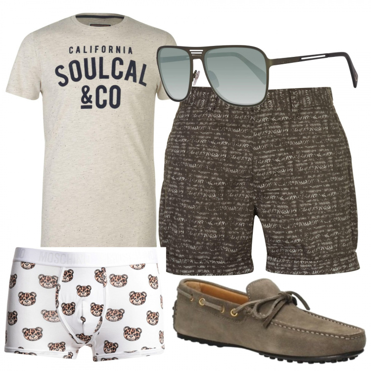 Outfit uomo - Casual #11570. Stile Casual per Tutti i giorni. Abbinamento con mocassini, boxer, occhiali da sole, pantaloni corti, t-shirt.