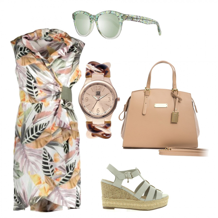 Outfit donna - Abito stampa tropical. Stile Trendy per Tutti i giorni. Abbinamento con vestiti corti, sandali, orologi, occhiali da sole, borsa a mano.