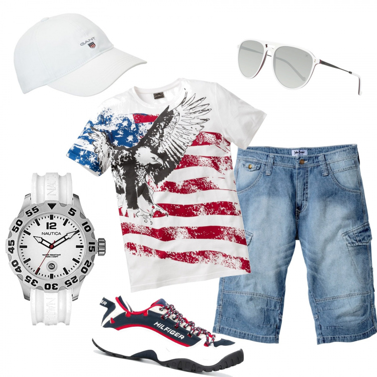 Outfit uomo - Summer free. Stile Casual per Sport. Abbinamento con bermuda, t-shirt, sneakers, occhiali da sole, berretti, orologi.