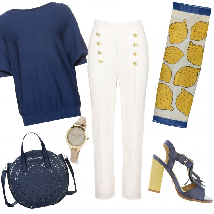 Outfit donna - Sicily. Stile Trendy per Ufficio. Abbinamento con maglieria, portafogli, orologi, pantalone lungo, sciarpe, scarpe col tacco.