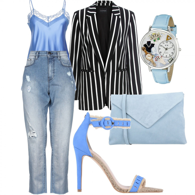 Outfit donna - Così. Stile Basic per Tutti i giorni. Abbinamento con blazer, jeans, sandali col tacco, top, borse a tracolla, orologi.