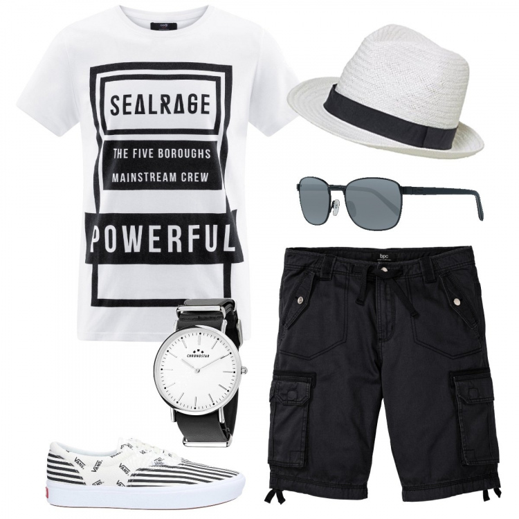 Outfit uomo - Powerful black and white. Stile Trendy per Tutti i giorni. Abbinamento con bermuda, sneakers, t-shirt, occhiali da sole, orologi, cappelli.