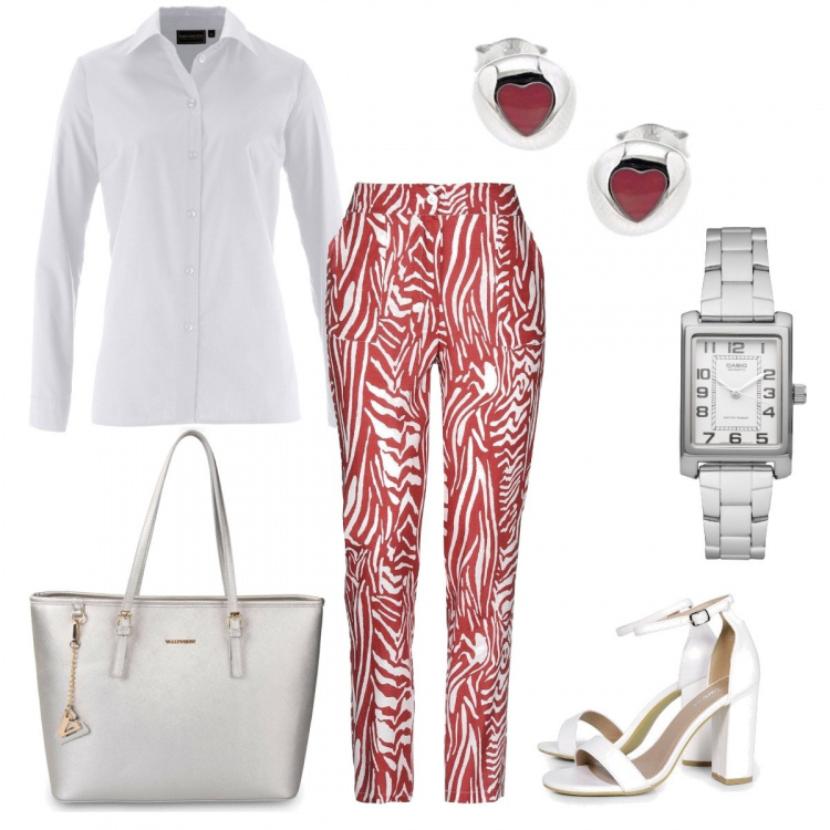 Outfit donna - La camicia bianca. Stile Trendy per Ufficio. look ideale per Petite. Abbinamento con camicie, pantalone lungo, orologi, scarpe col tacco, shopping bag, orecchini.