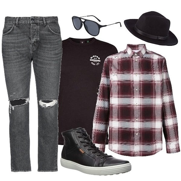 Outfit hombre - Lunes hipster. Estilo Trendy para Todos los días. Combinación con camiseta, sombrero, gafas de sol, sneakers altas, camisas, vaqueros rotos.