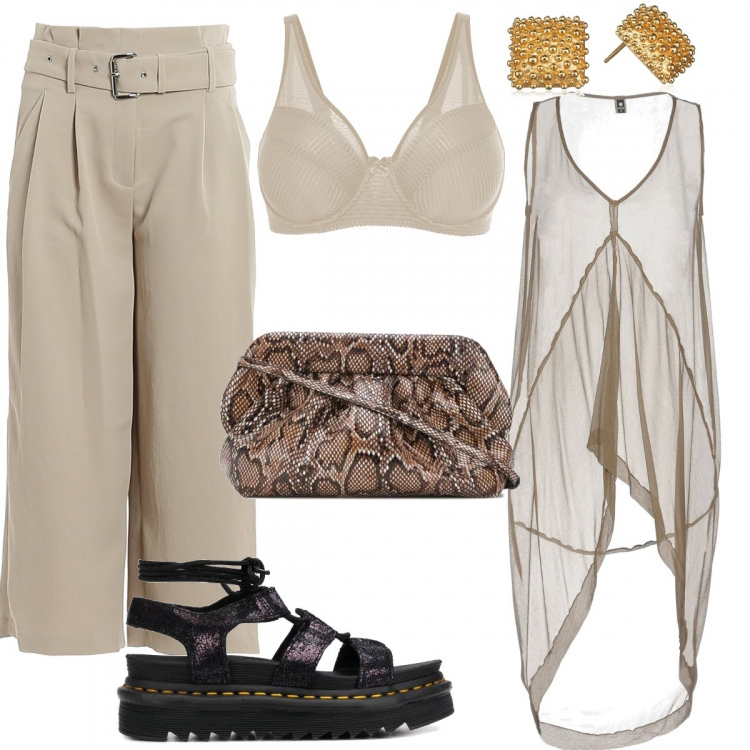 Outfit donna - Freschissimo. Stile Urban per Tutti i giorni. Abbinamento con reggiseni, top, sandali, clutch, pantaloni culotte, orecchini.