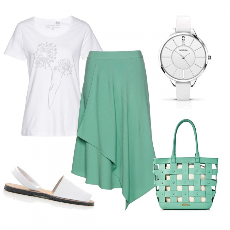 Outfit donna - Latte e menta. Stile Basic per Ufficio. Abbinamento con t-shirt, gonne, sandali, borse a spalla, orologi.