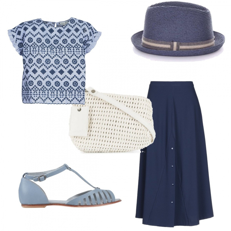 Outfit donna - Sbarazzine. Stile Bon Ton per Tutti i giorni. Abbinamento con gonne longuette, sandali, camicie, cappelli, borse a spalla.