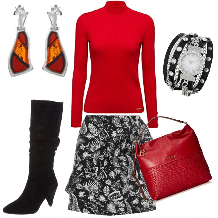 Outfit donna - Trendy #37963. Stile Trendy per Tutti i giorni. Abbinamento con borsa a spalla, orecchini, stivali sopra il ginocchio, gonne, orologio, felpa.