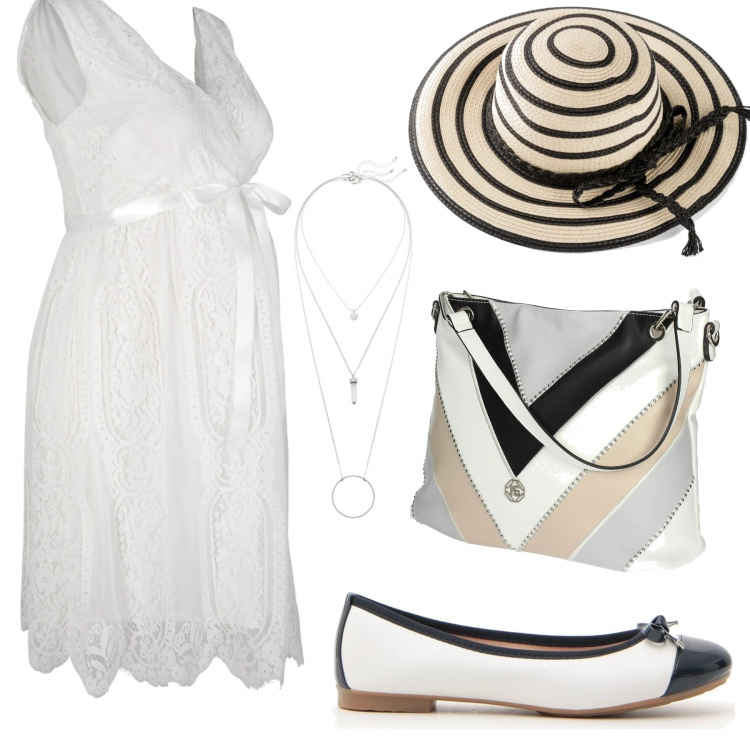 Outfit donna - Bon Ton #17295. Stile Bon Ton per Tutti i giorni. look ideale per Premaman. Abbinamento con ciondoli, vestiti, cappelli, shopping bag, ballerine.