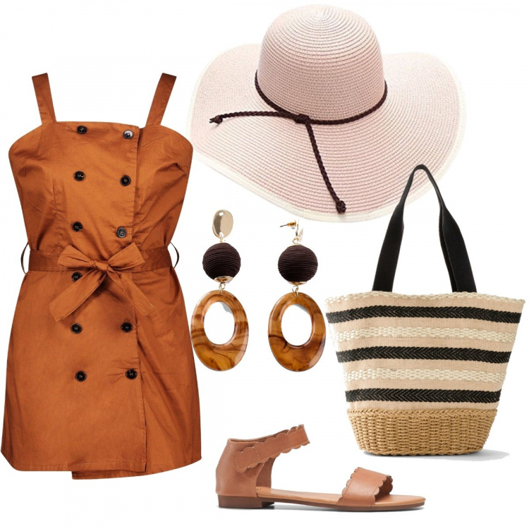 Outfit donna - Un cappello per l’estate. Stile Trendy per Tutti i giorni. Abbinamento con sandali, portafogli, orecchini, vestito, cappelli.