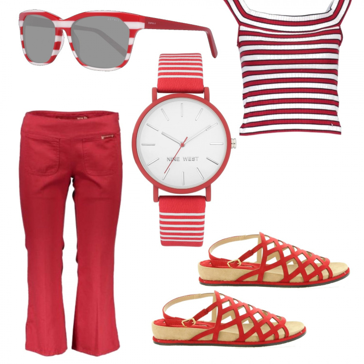 Outfit donna - Total look #596146. Abbinamento con pantaloni capri, top, sandali in pelle, occhiali da sole, orologi.