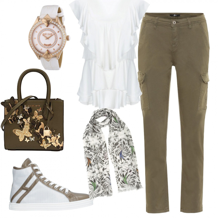 Outfit donna - Total look #596152. Abbinamento con sneakers, bluse, borsa a spalla, pantaloni cargo, orologi, sciarpe.
