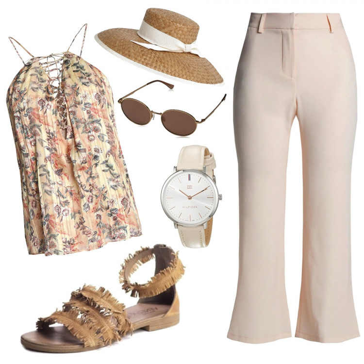 Outfit mujer - Mañana de calor. Estilo Étnico para Todos los días. Combinación con relojes analógicos, gafas de sol, sandalias, camiseta, pantalones, sombreros.