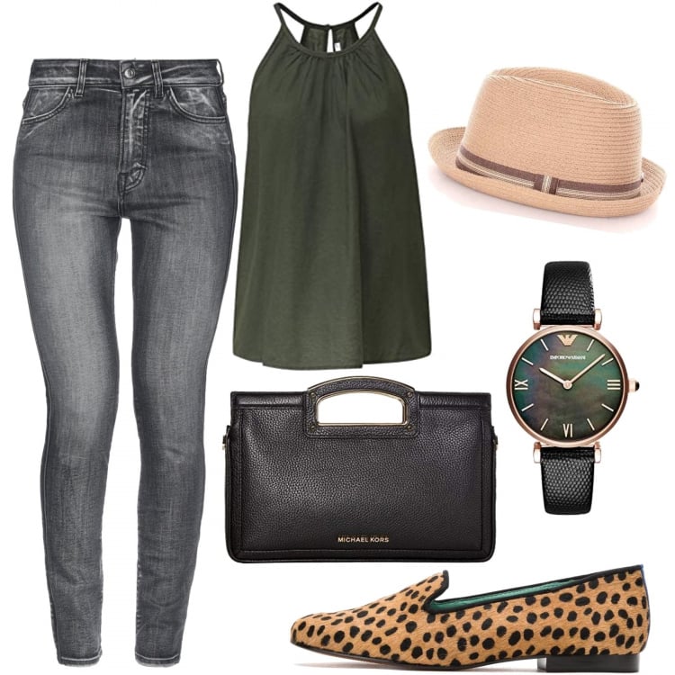 Outfit mujer - Leopardo urbano. Estilo Trendy para Todos los días. Combinación con blusa, reloj analógico, zapato, sombreros, mocasines, vaqueros.