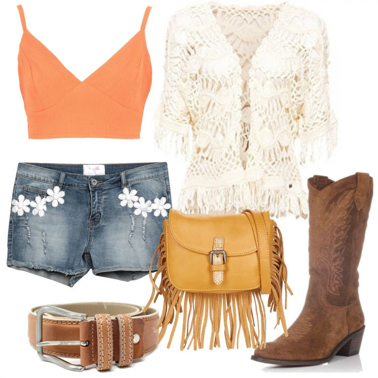 Outfit mujer - Hippie Chic. Estilo Étnico para Todos los días. Combinación con bufandas, botas, bolso, cinturón, shorts, top.